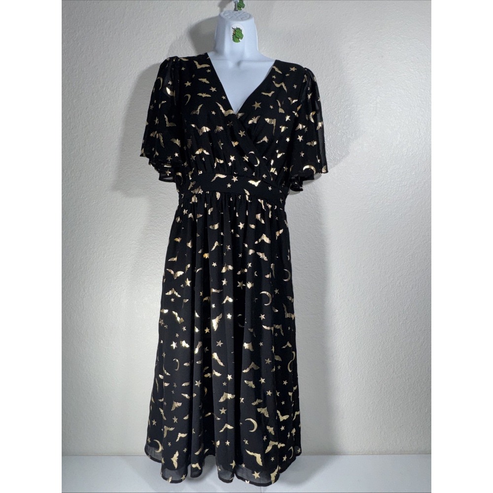 Modcloth Fluttering Wings Black Midi Dress XS Gold Bats Stars Moons Whimsigoth